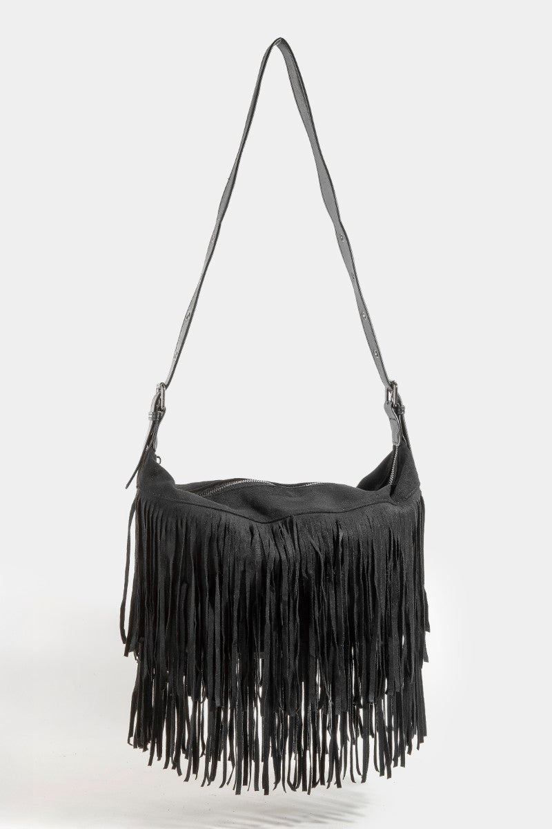 BLACK SUEDE FRINGE SHOULDER BAG