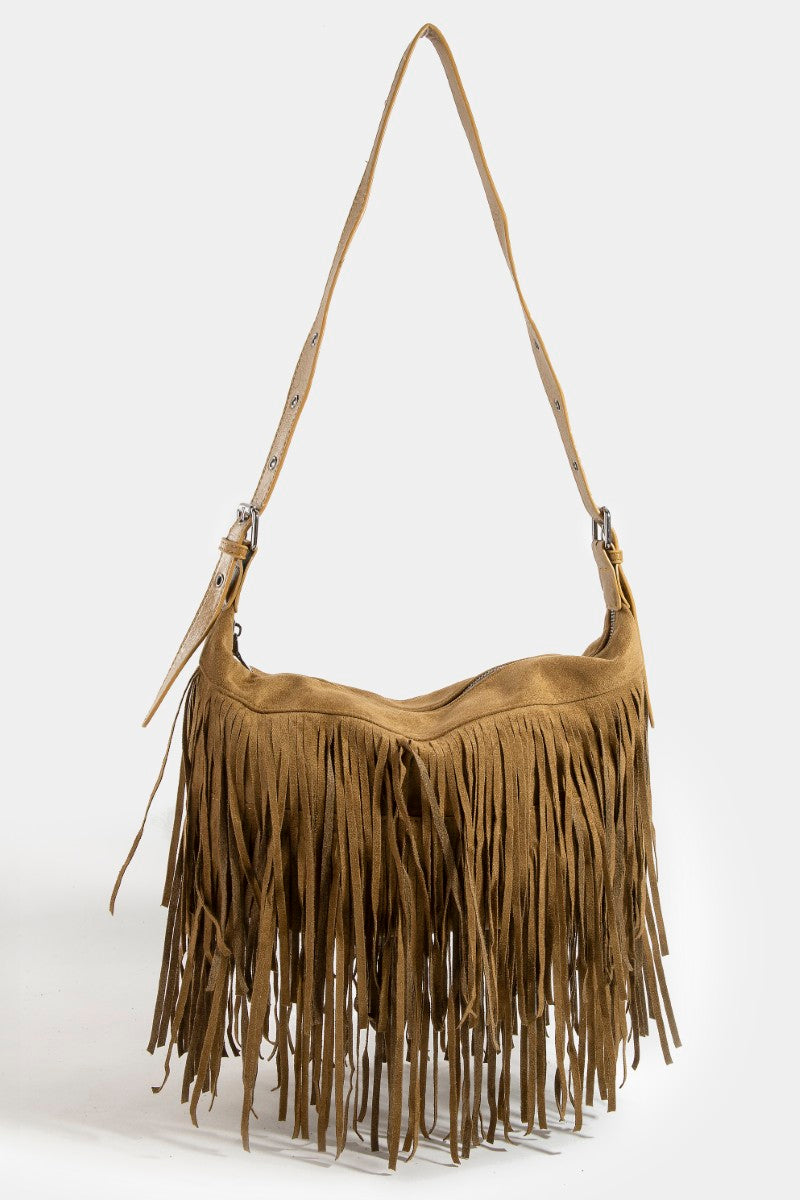 BROWN SUEDE FRINGE SHOULDER BAG