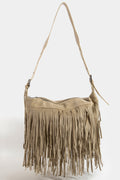 KHAKI SUEDE FRINGE SHOULDER BAG