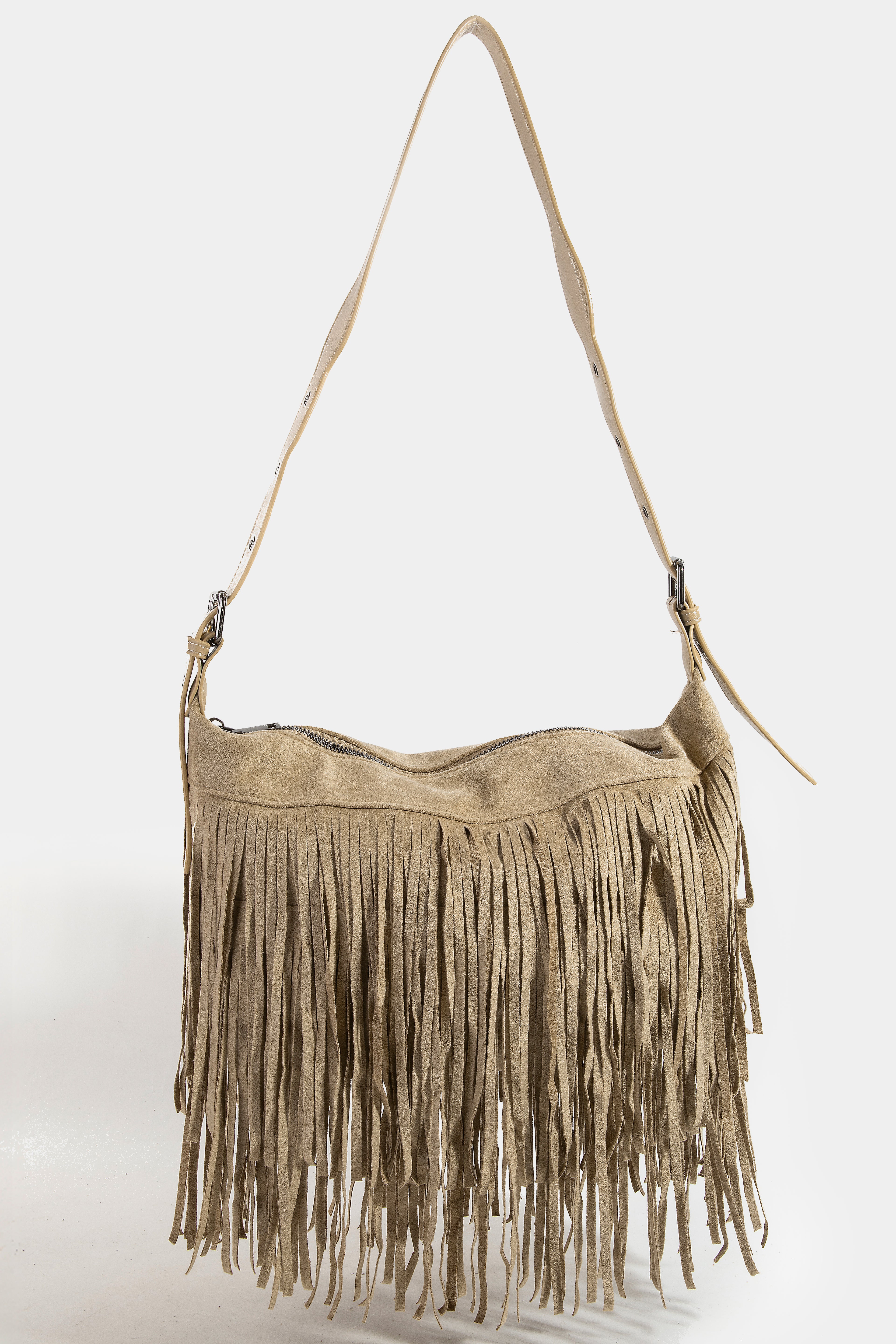 KHAKI SUEDE FRINGE SHOULDER BAG