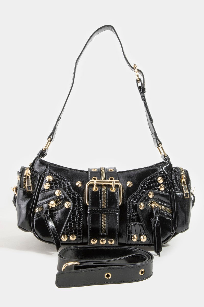 BLACK GOLD BELT STUD SHOULDER BAG