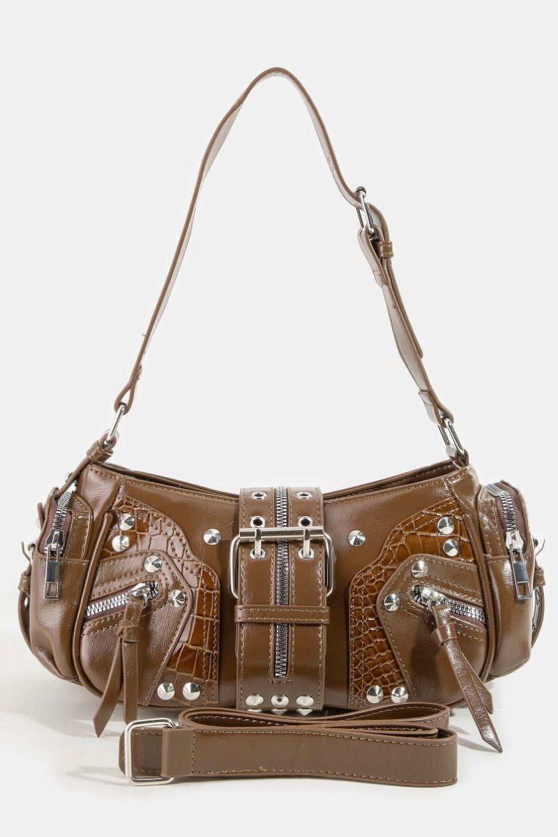 BROWN SILVER BELT STUD SHOULDER BAG