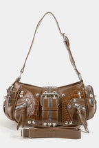 BROWN SILVER BELT STUD SHOULDER BAG