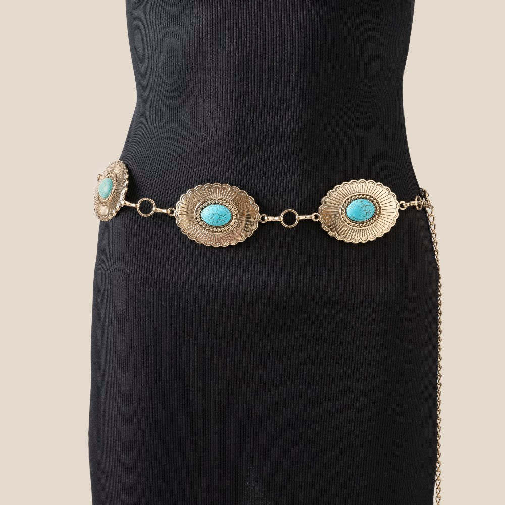Gold Oval Turquoise Western Concho Chain Belt