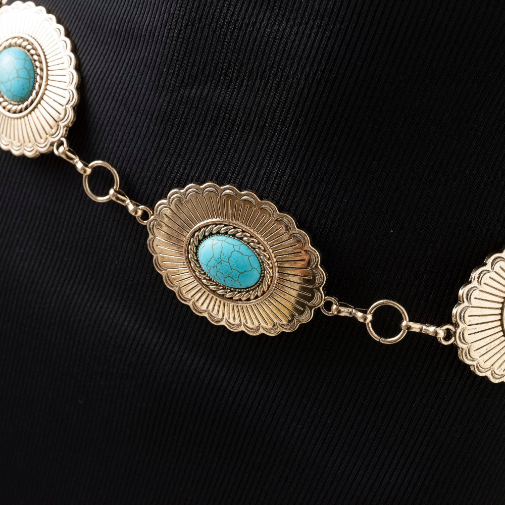 Gold Oval Turquoise Western Concho Chain Belt