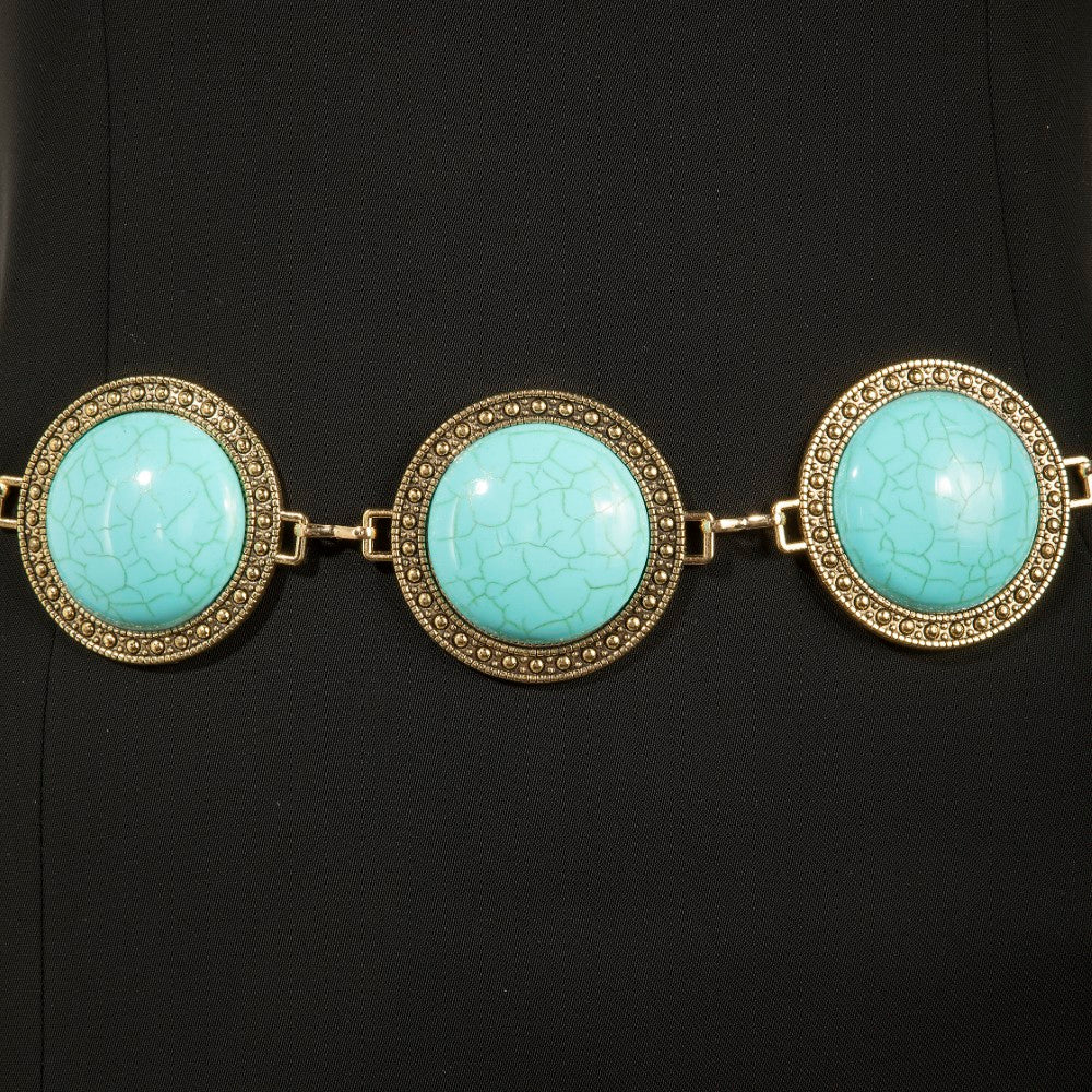 Gold Large Round Turquoise Stone Chain Belt