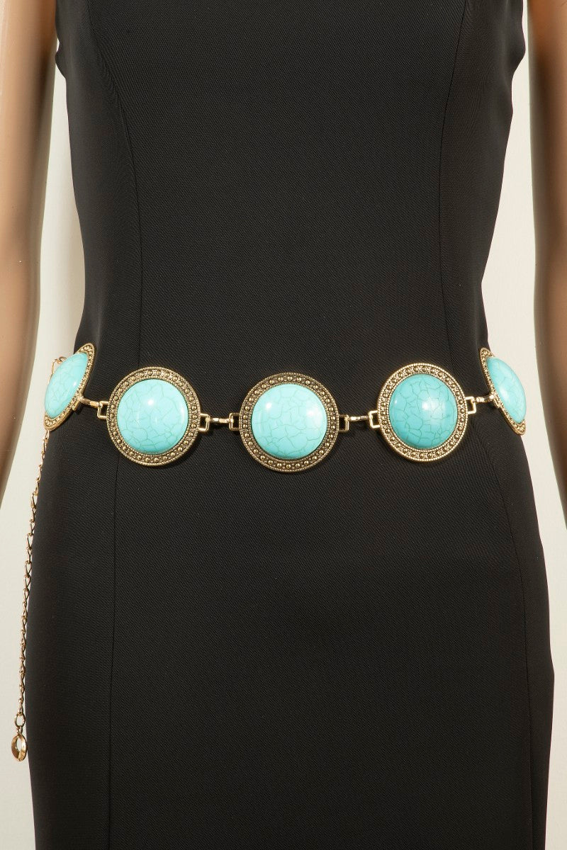 Gold Large Round Turquoise Stone Chain Belt
