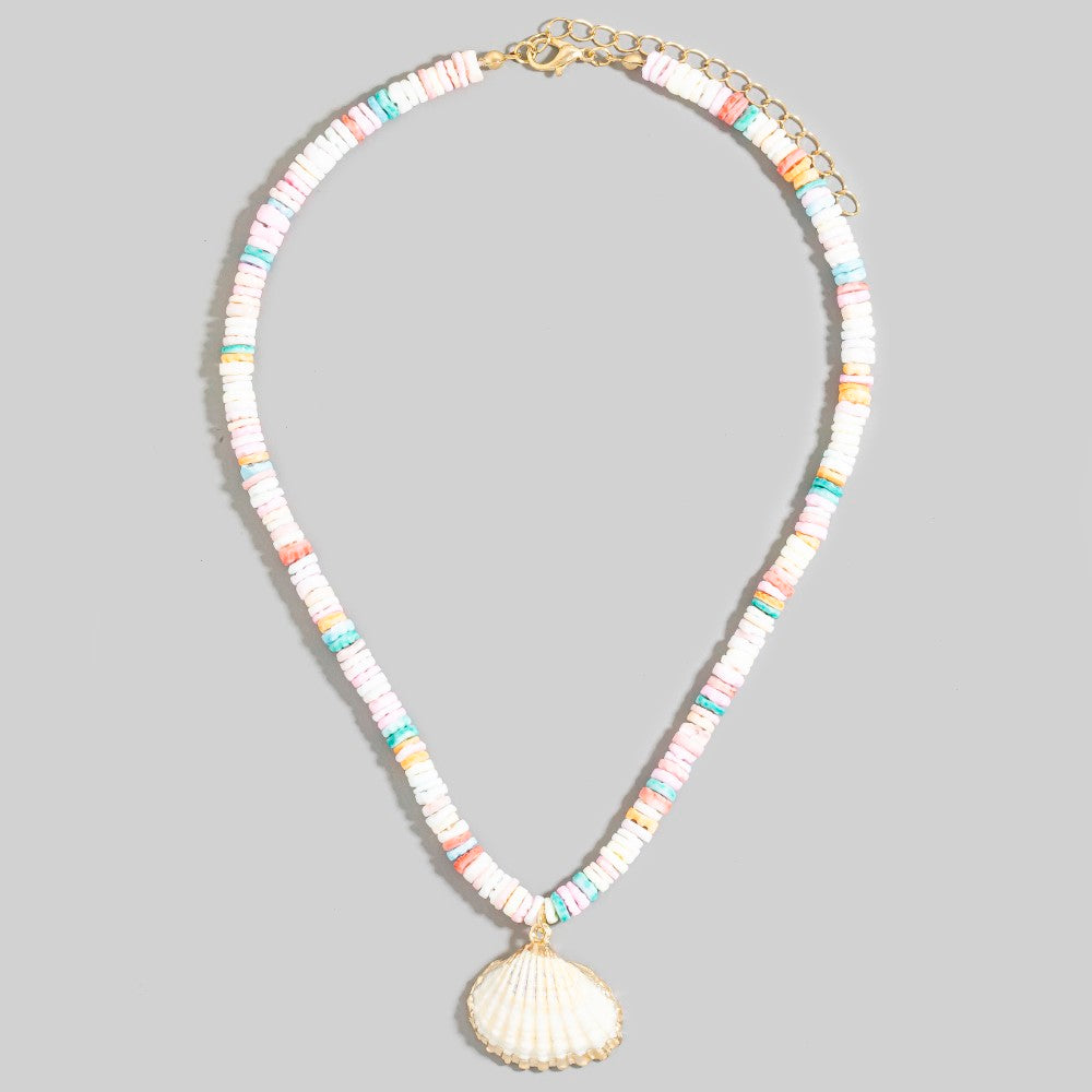MULTI COLOR BEAD NECKLACE WITH SHELL PENDANT