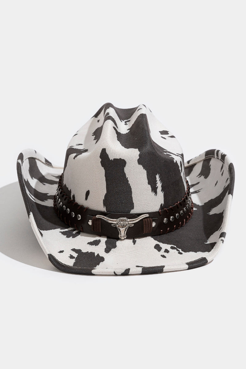 COW PRINT COWBOY HAT WITH LONGHORN BAND