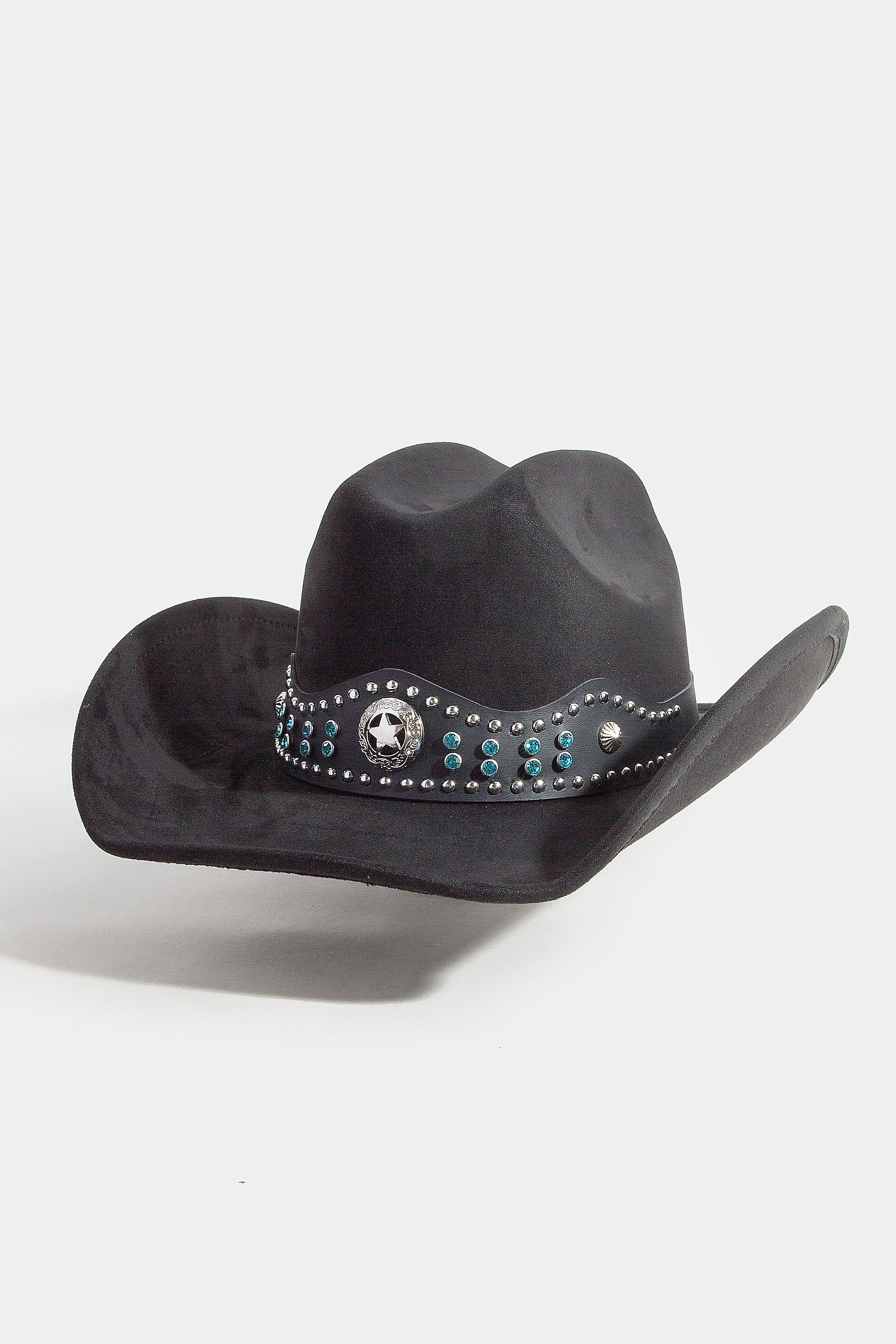 BLACK COWBOY HAT WITH BLUE GEMS