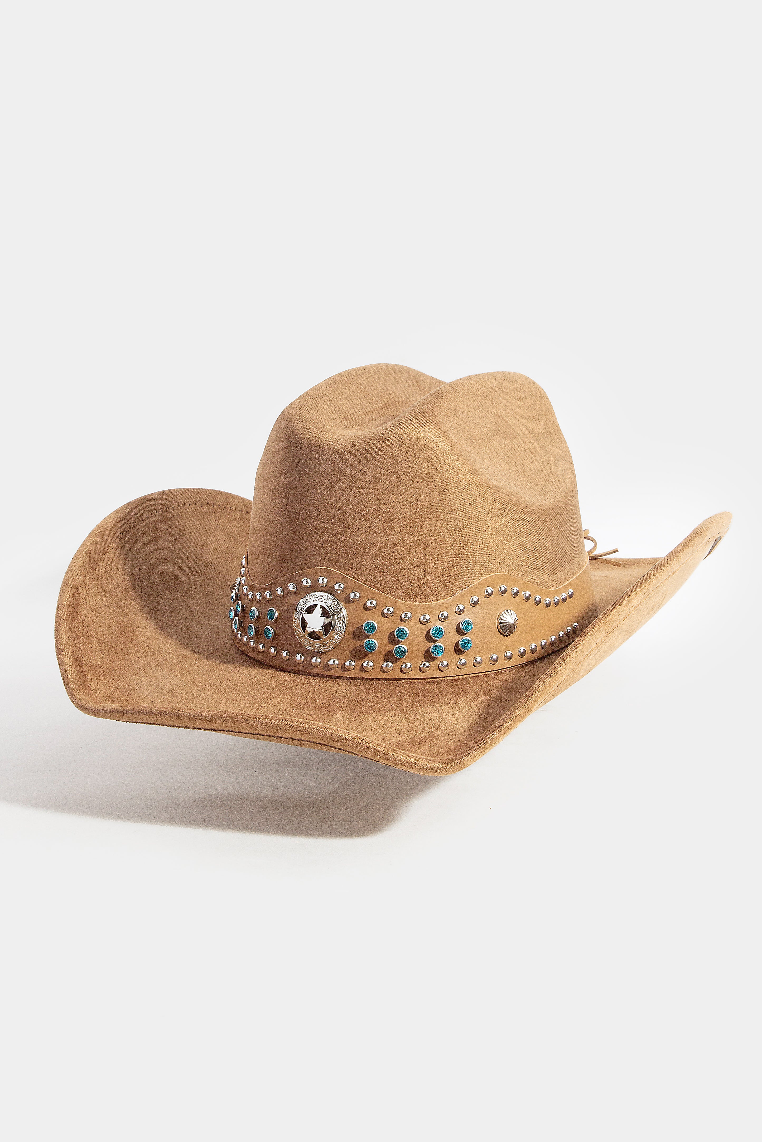 BROWN COWBOY HAT WITH BLUE GEMS