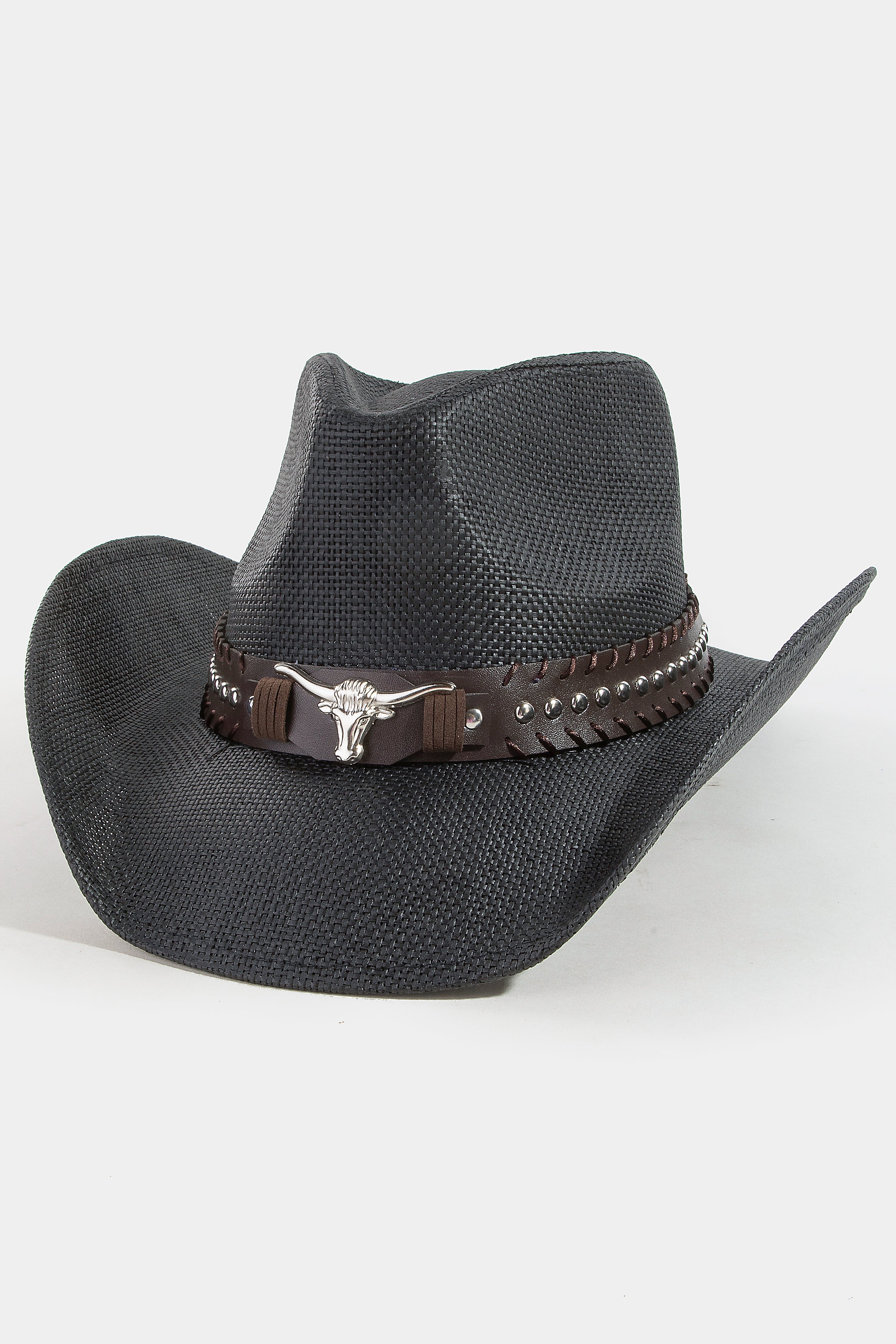 BLACK COWBOY HAT WITH LONGHORN DETAIL