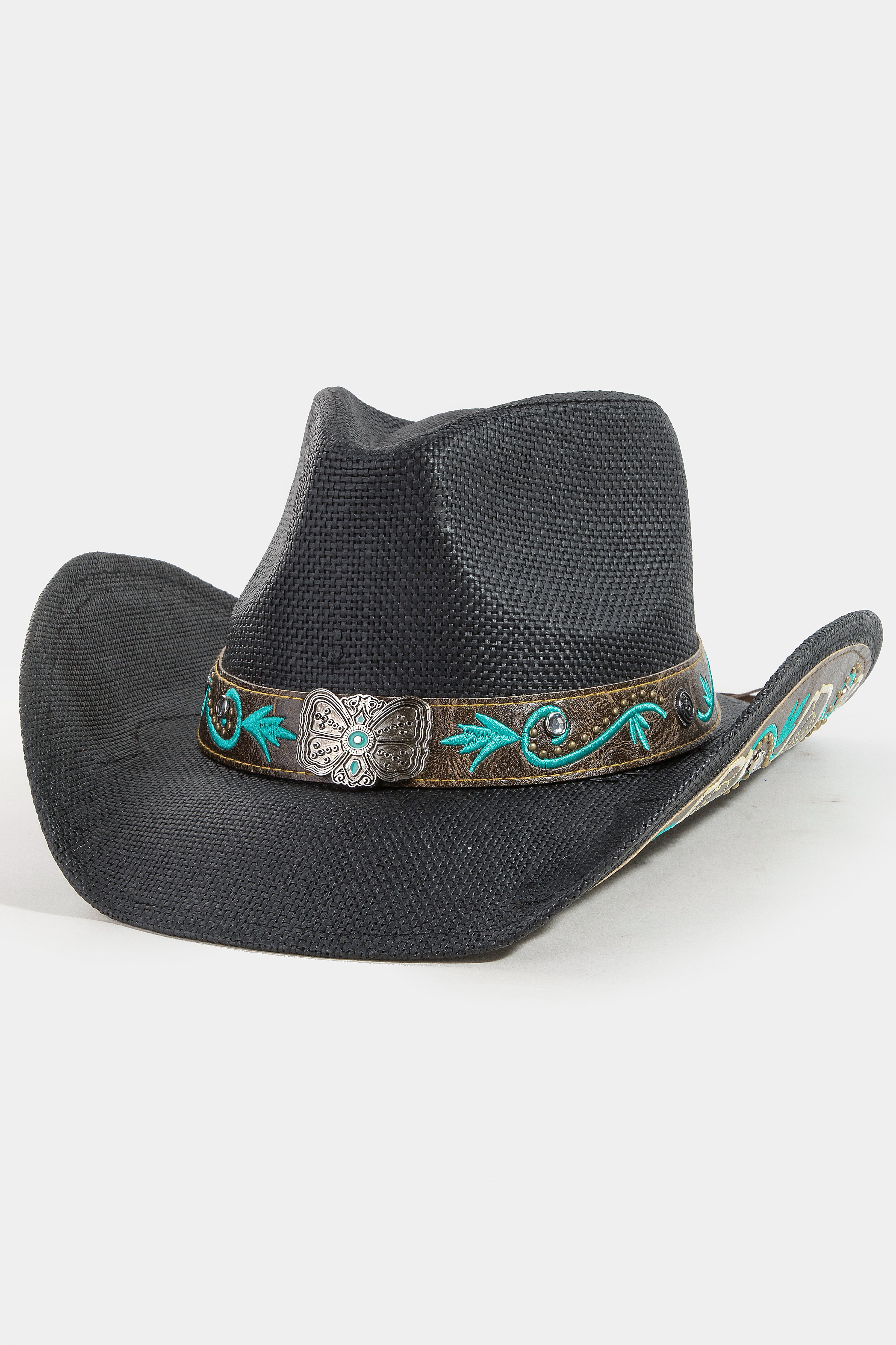 BLACK COWBOY HAT WITH TURQUOISE DETAIL
