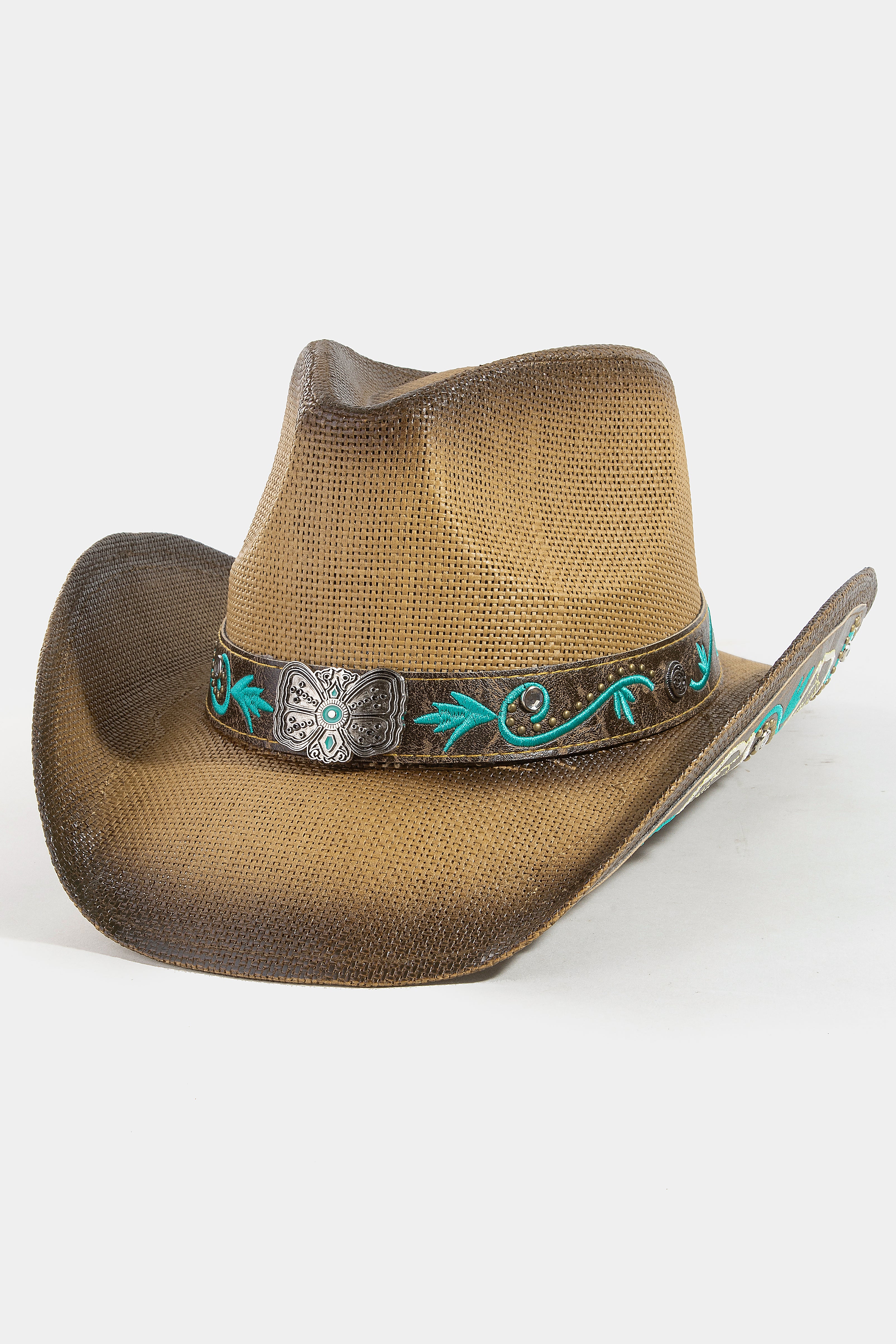 BROWN COWBOY HAT WITH TURQUOISE DETAIL
