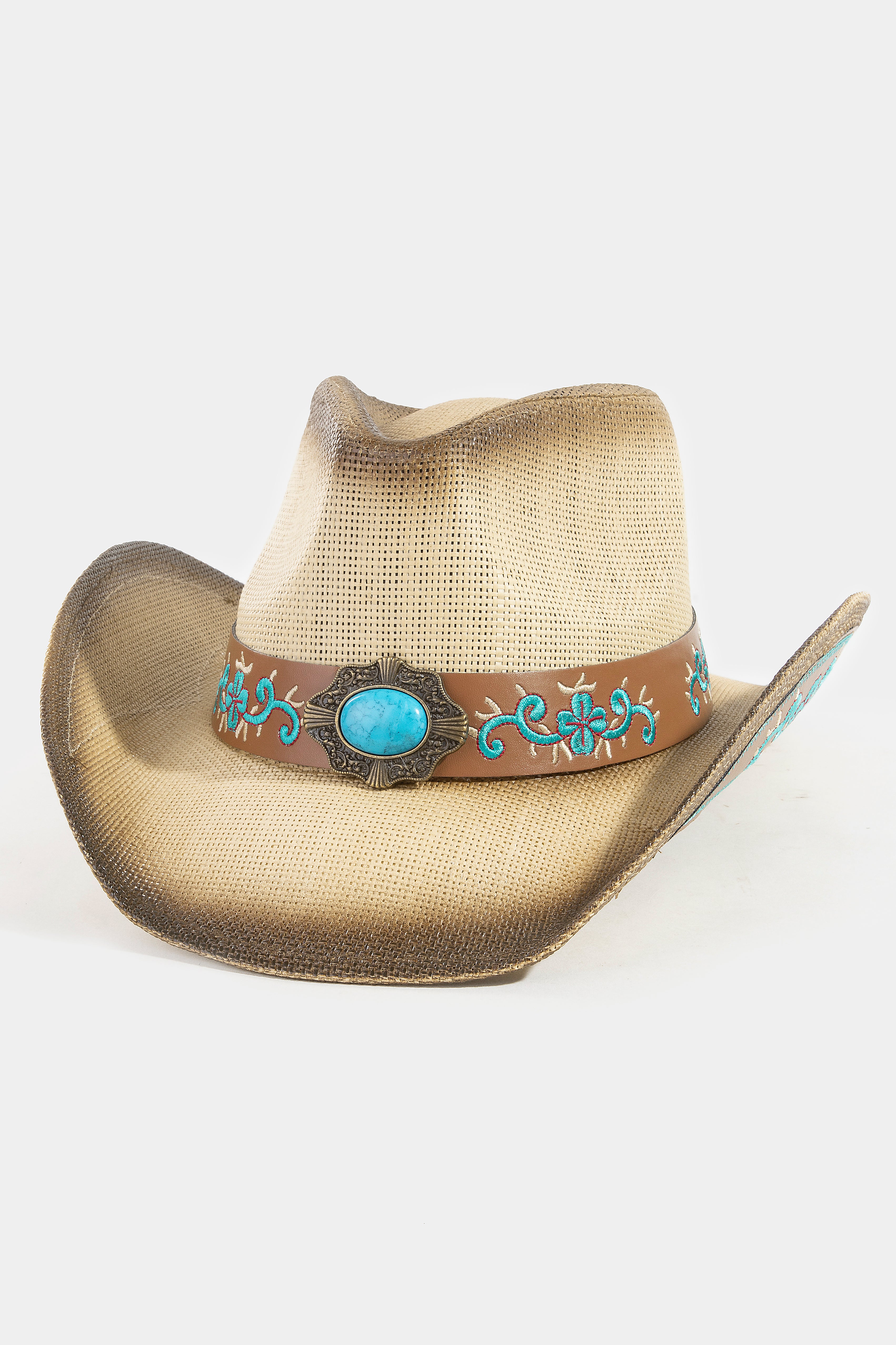 BROWN COWBOY HAT WITH TURQUOISE DETAIL