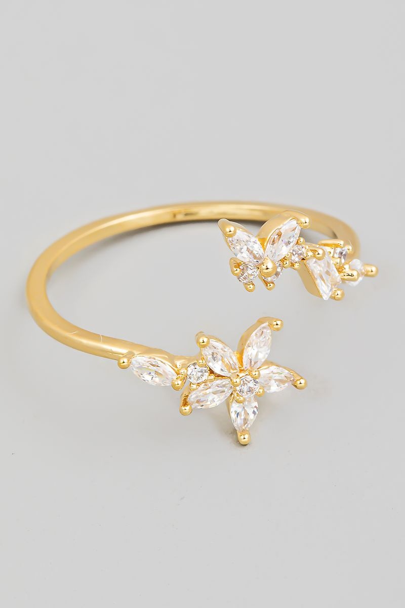 GOLD RHINESTONE FLOWER BUTTERFLY RING